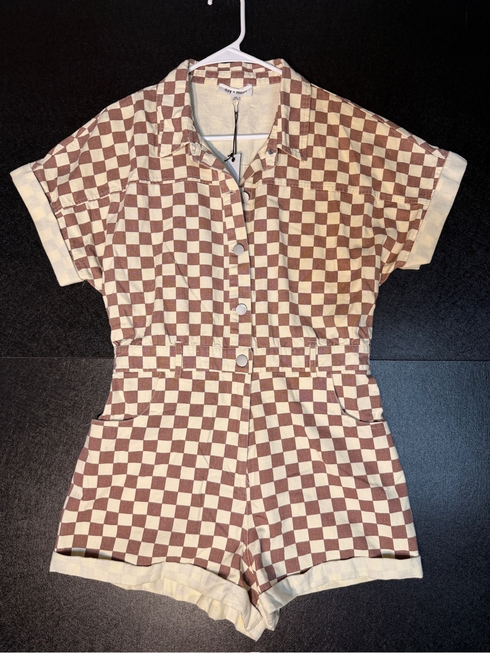 Day + Moon NWT Brown Cream Checkerboard Utility Romper Size M